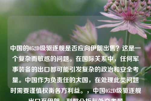 中国的052D级驱逐舰是否应向伊朗出售？这是一个复杂而敏感的问题。在国际关系中，任何军事装备的出口都可能引发复杂的政治和安全考量。中国作为负责任的大国，在处理此类问题时需要谨慎权衡各方利益。，中国052D级驱逐舰出口至伊朗，利弊分析与外交考量