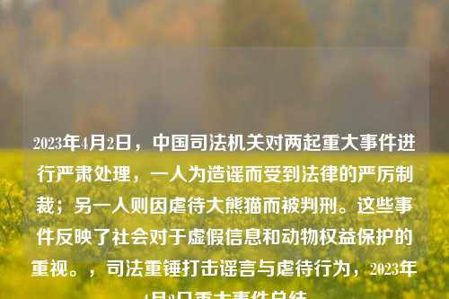 2023年4月2日，中国司法机关对两起重大事件进行严肃处理，一人为造谣而受到法律的严厉制裁；另一人则因虐待大熊猫而被判刑。这些事件反映了社会对于虚假信息和动物权益保护的重视。，司法重锤打击谣言与虐待行为，2023年4月2日重大事件总结